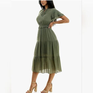 Nanette Lepore Olive Green Crepe Tiered Midi Summer Dress size 6